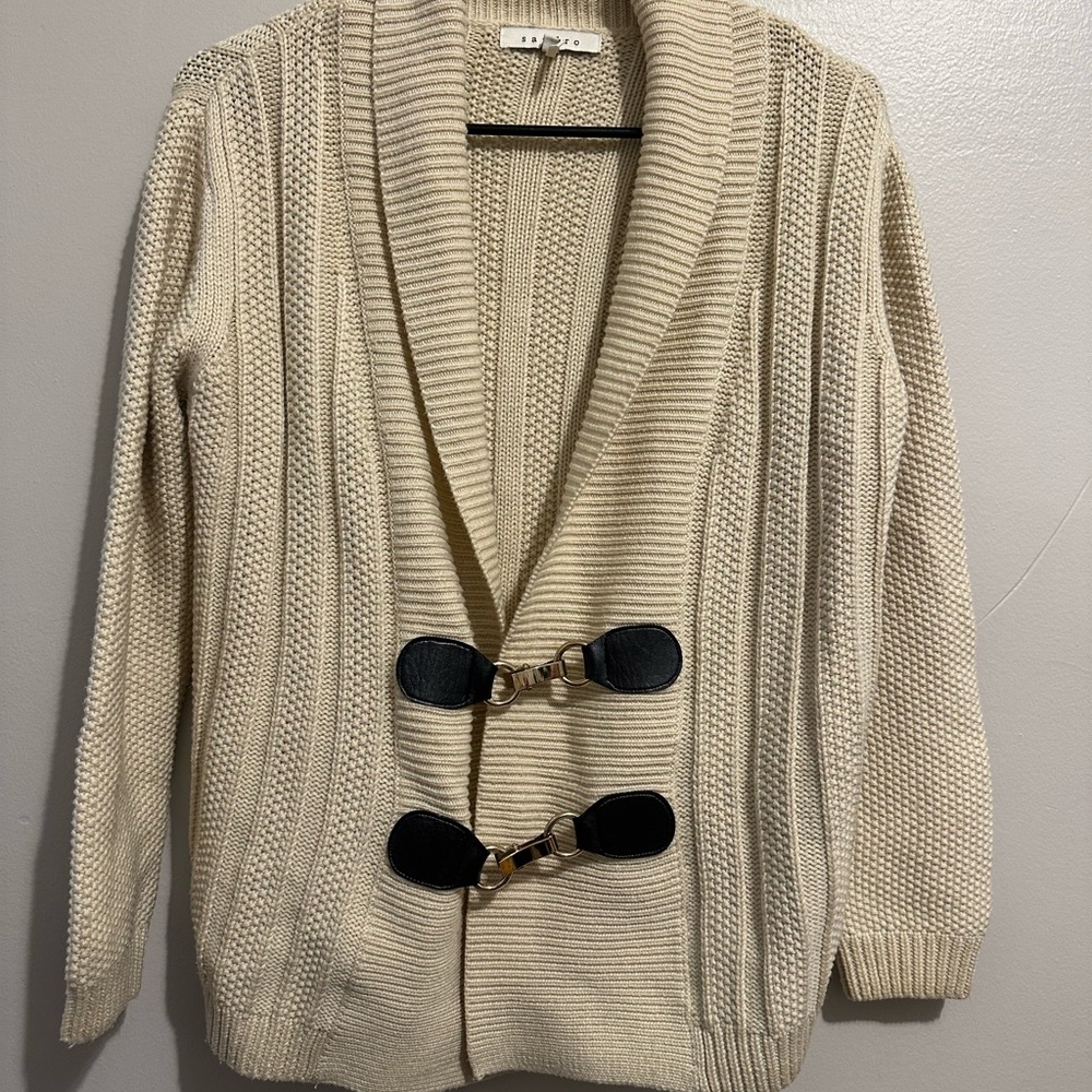 Sandro off-white/cream knit cardigan with leather and metal buckles size 1 = SM